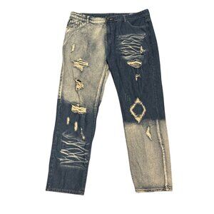 Distressed Blue Denim Mens Jeans Ripped Design Size 42 Dual Tone